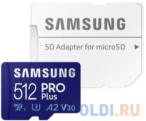 Флеш карта microSDXC 512GB Samsung PRO Plus Class 10, A2, V30, UHS-I (U3), W 130 МБ/с, R 180 МБ/с, <MB-MD512SA/EU> адаптер на SD