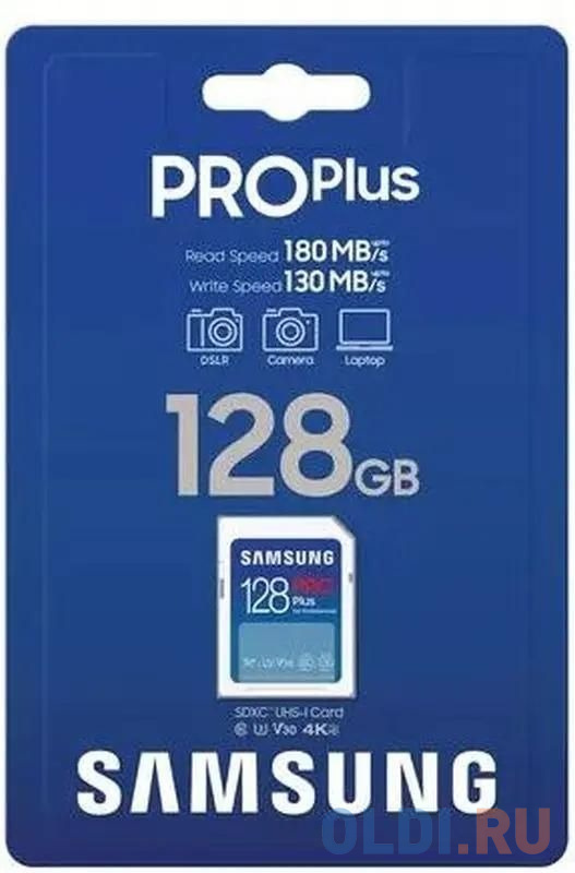 Карта памяти SDXC UHS-I U3 Samsung Pro PLUS 128 ГБ, 180 МБ/с, Class 10, MB-SD128S, 1 шт., без адаптера - MB-SD128S