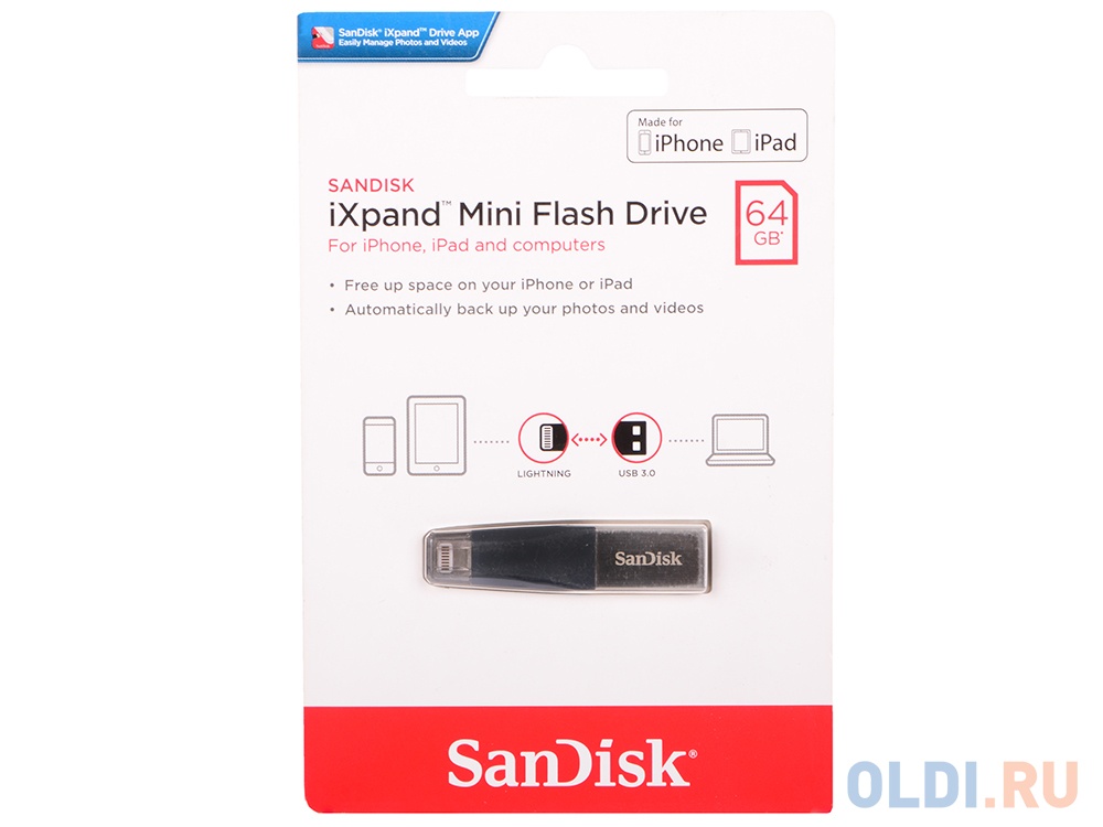 Флешка USB 64Gb SanDisk iXpand Mini SDIX40N-064G-GN6NN черный серебристый - фото 1
