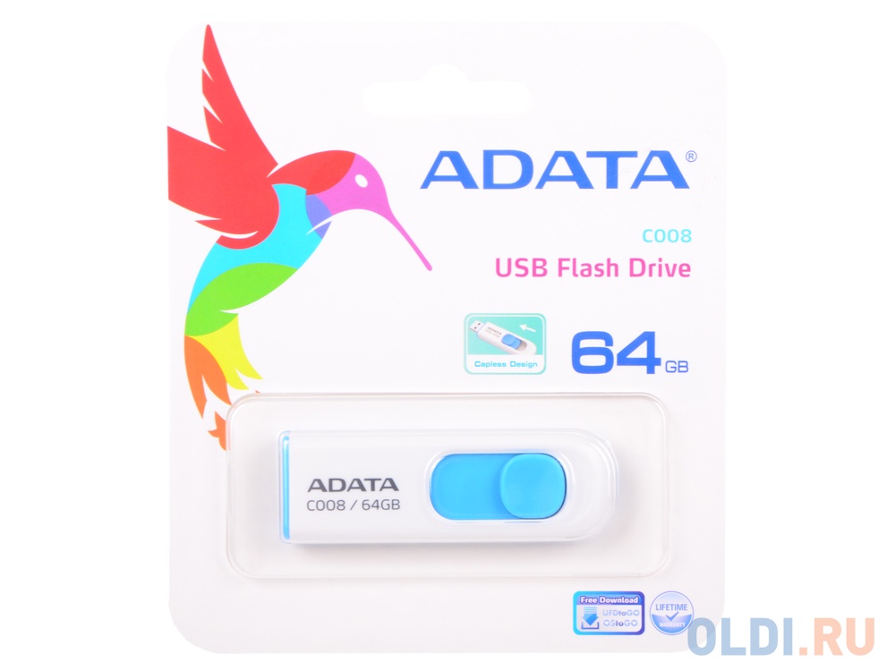 Внешний накопитель 64GB USB Drive ADATA USB 2.0 C008 бело-синяя выдвижная AC008-64G-RWE