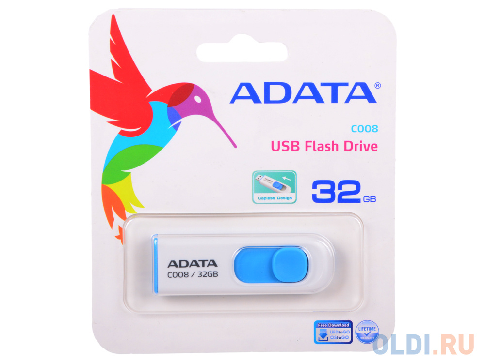 Внешний накопитель 32GB USB Drive ADATA USB 2.0 C008 бело-синяя выдвижная AC008-32G-RWE