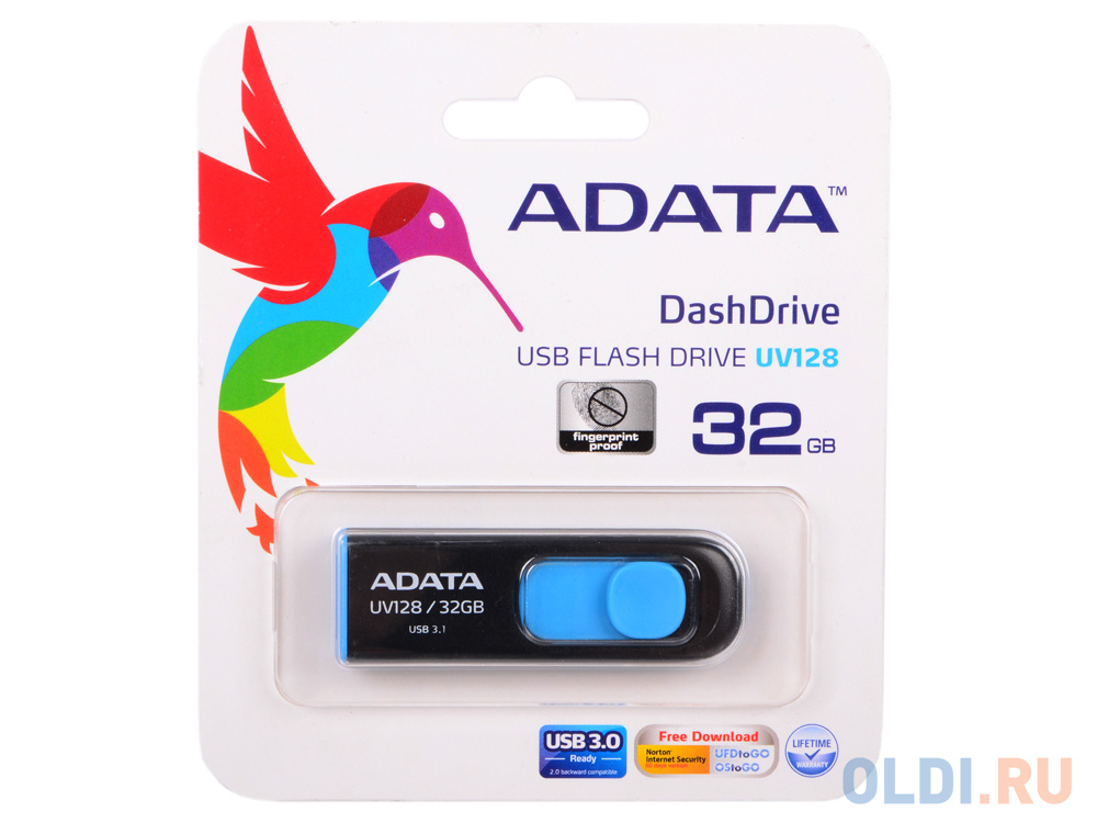 Внешний накопитель 32GB USB Drive ADATA USB 3.1 UV128 черно-синяя выдвижная AUV128-32G-RBE - фото 1