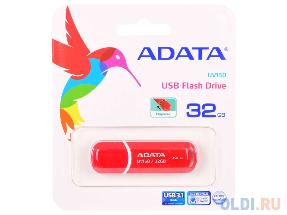 Внешний накопитель 32GB USB Drive ADATA USB 3.1 UV150 красная 90/20 МБ/с AUV150-32G-RRD флеш диск a data 512gb auv150 512g rbk uv150 usb 3 2