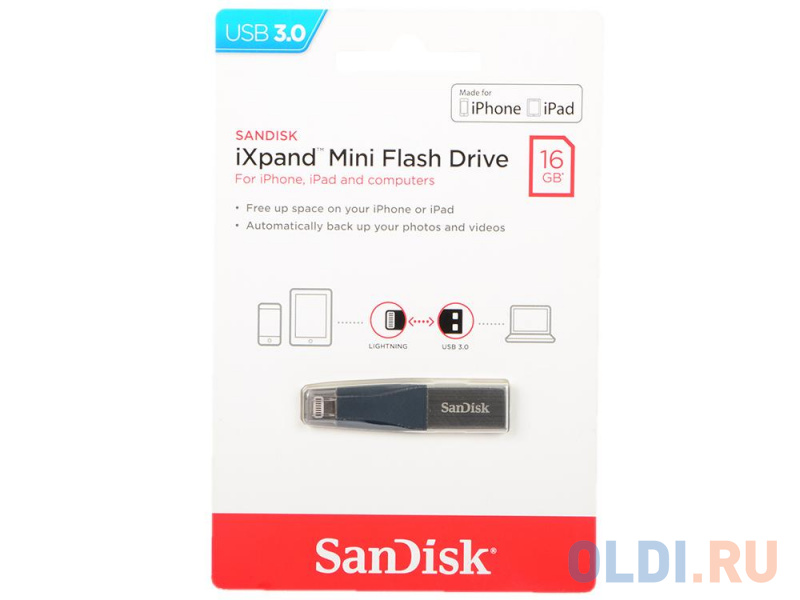 

Флешка USB 16Gb SanDisk iXpand Mini SDIX40N-016G-GN6NN серебристый