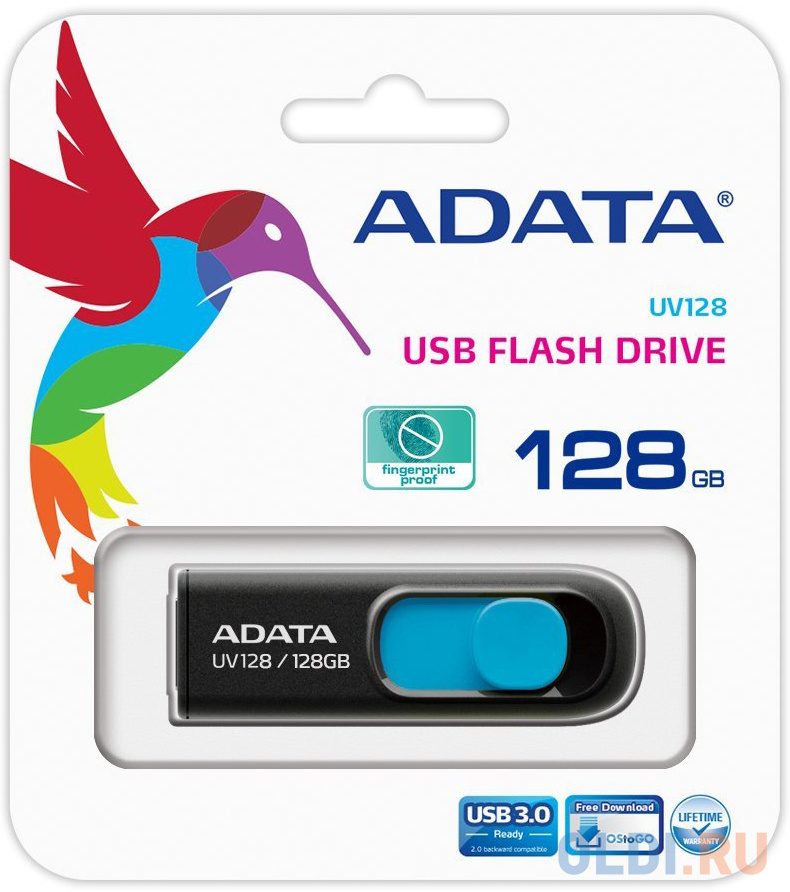 Внешний накопитель 128GB USB Drive ADATA USB 3.1 UV128 черно-синяя выдвижная AUV128-128G-RBE - фото 3