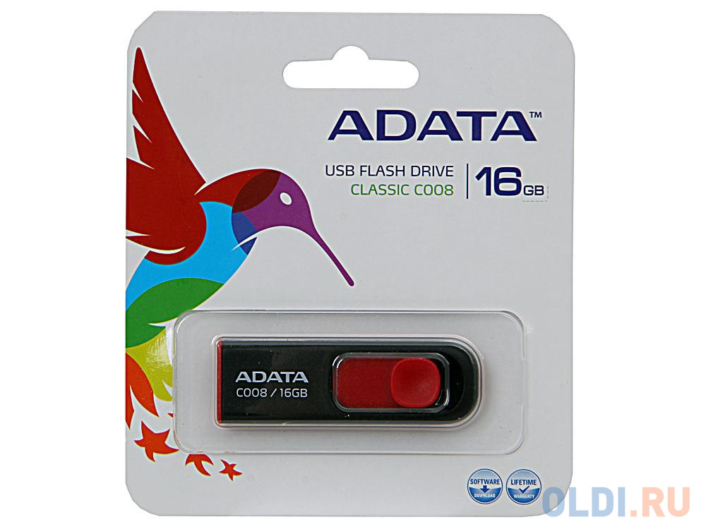 Внешний накопитель 16GB USB Drive ADATA USB 2.0 C008 черно-красная выдвижная AC008-16G-RKD