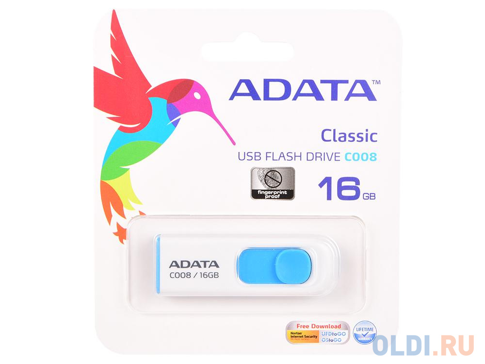 Внешний накопитель 16GB USB Drive ADATA USB 2.0 C008 бело-синяя выдвижная AC008-16G-RWE - фото 1