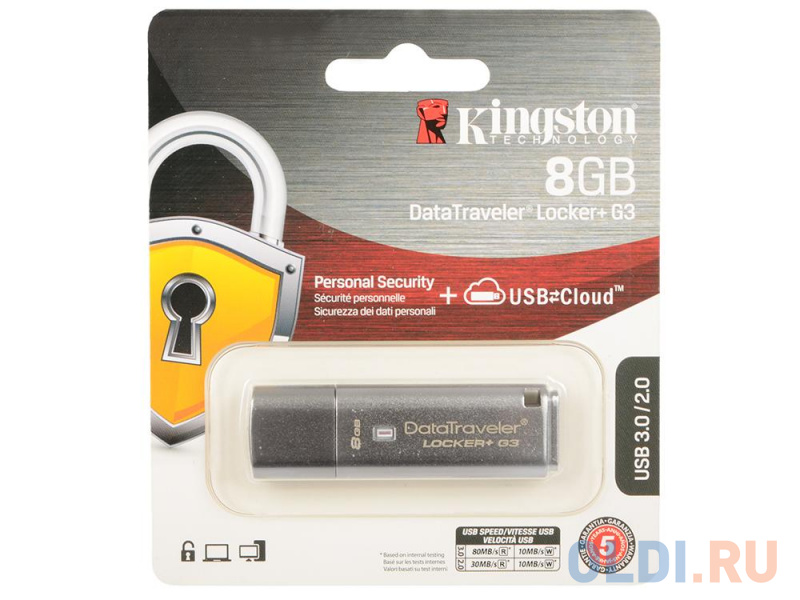 

Внешний накопитель 8GB USB Drive <USB 3.0> Kingston DataTraveler Locker+ G3 (DTLPG3/8GB)