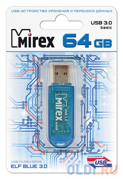 Флешка 64Gb Mirex Elf USB 3.0 синий 13600-FM3BEF64 флешка 512gb netac nt03u182n 512g 30bl usb 3 0 белый синий