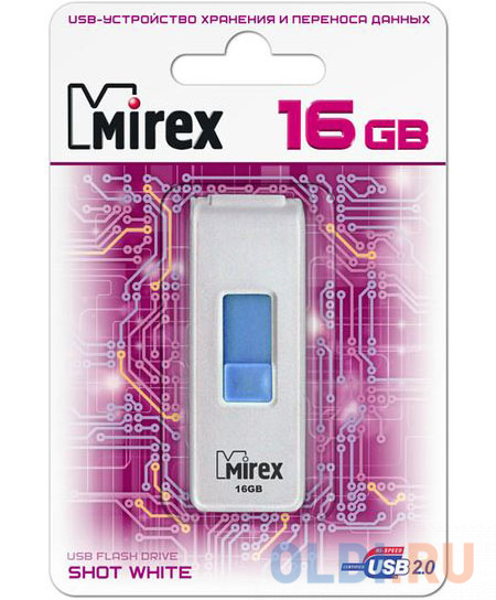 Флеш накопитель 16GB Mirex Shot, USB 2.0, Белый флеш накопитель 16gb mirex smart otg usb 2 0 microusb