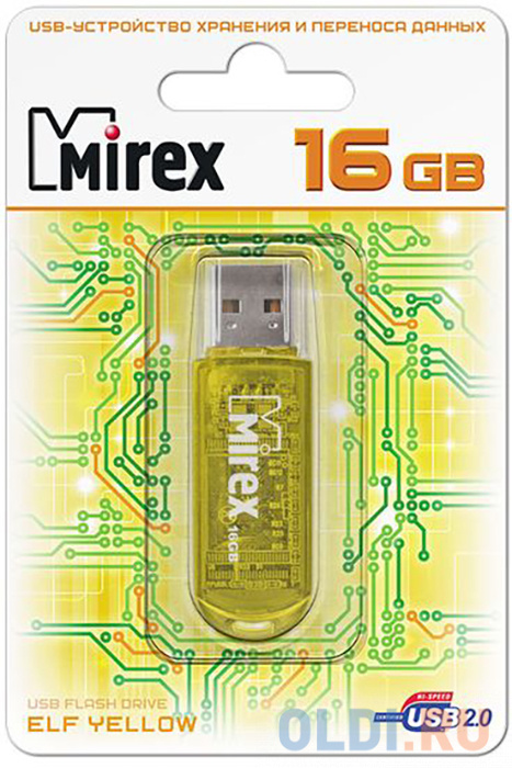 Флеш накопитель 16GB Mirex Elf, USB 2.0, Желтый