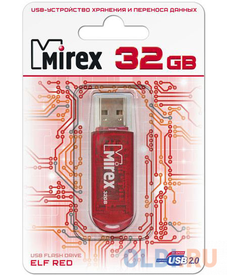 Флеш накопитель 32GB Mirex Elf, USB 2.0, Красный флеш накопитель 32gb mirex arton usb 2 0 зеленый