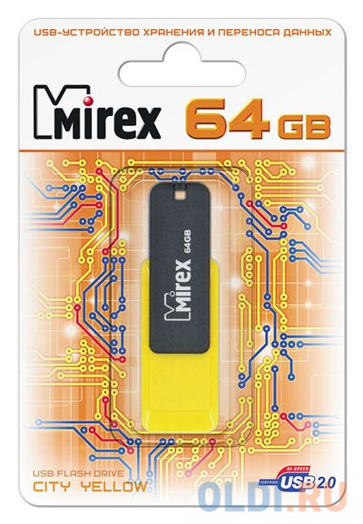 Флешка 64Gb Mirex City USB 2.0 желтый 13600-FMUCYL64 флешка 64gb mirex chromatic usb 3 0 красный 13600 fm3сhr64