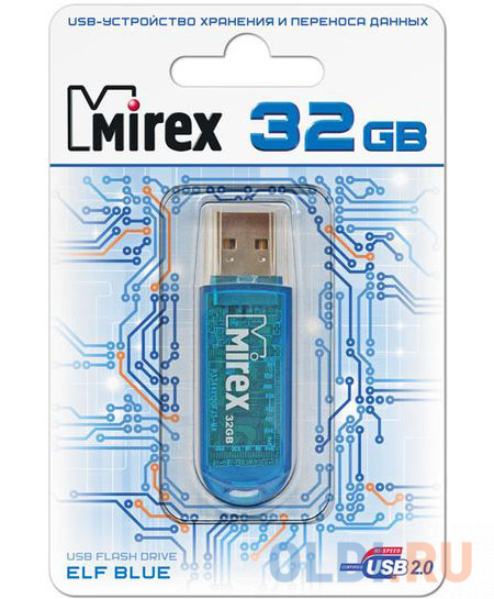Флеш накопитель 32GB Mirex Elf, USB 2.0, Синий флеш накопитель 32gb mirex arton usb 2 0 зеленый