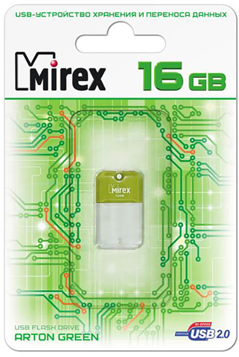 Флеш накопитель 16GB Mirex Arton, USB 2.0, Зеленый флеш накопитель 16gb mirex shot usb 2 0 белый