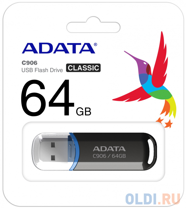 Флеш накопитель 64GB A-DATA Classic C906, USB 2.0, Черный, размер 58 х 18 х 10 мм - фото 1