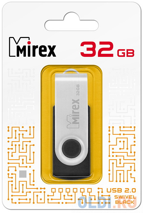 Флеш накопитель 32GB Mirex Swivel, USB 2.0, Черный флеш накопитель 32gb a data uv220 usb 2 0 белый серый
