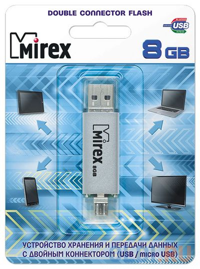 Флеш накопитель 8GB Mirex Smart, OTG, USB 2.0/MicroUSB, Серебро флеш накопитель 32gb mirex knight usb 2 0 белый