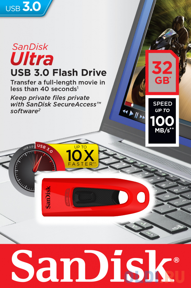 Внешний накопитель 32GB USB Drive <USB 3.0> SanDisk Ultra Red (SDCZ48-032G-U46R) - фото 1
