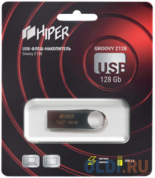 Флэш-драйв 128GB USB 3.0, Groovy Z,сплав цинка, цвет титан, Hiper фото