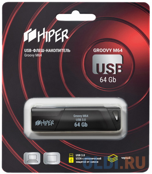 Флэш-драйв 64GB USB 3.0, Groovy M,пластик, цвет черный, защита от записи, Hiper флэш драйв 16gb otg usb 3 0 type c groovy c пластик белый hiper