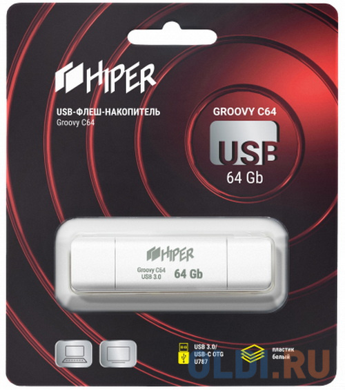 Флэш-драйв 64GB OTG USB 3.0/Type-C, Groovy C,пластик, цвет белый, Hiper флэш драйв 32gb otg usb 3 0 type c groovy c пластик белый hiper