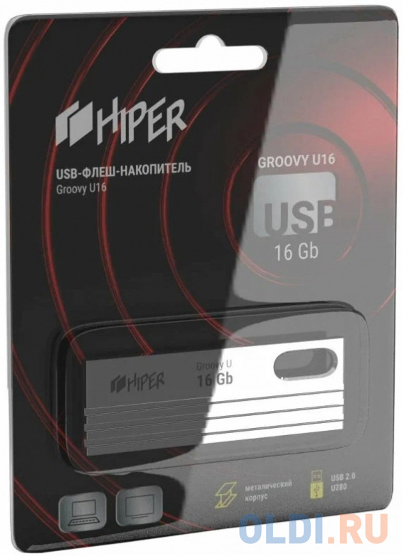 Флэш-драйв 16GB USB 2.0, Groovy U, сплав цинка, цвет титан, Hiper флэш драйв 64gb usb 2 0 groovy u сплав цинка титан hiper
