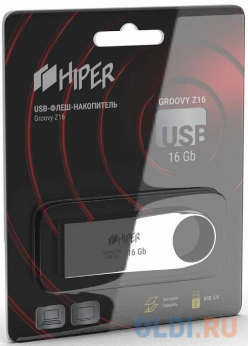 Флэш-драйв 16GB USB 3.0, Groovy Z, сплав цинка, цвет титан, Hiper