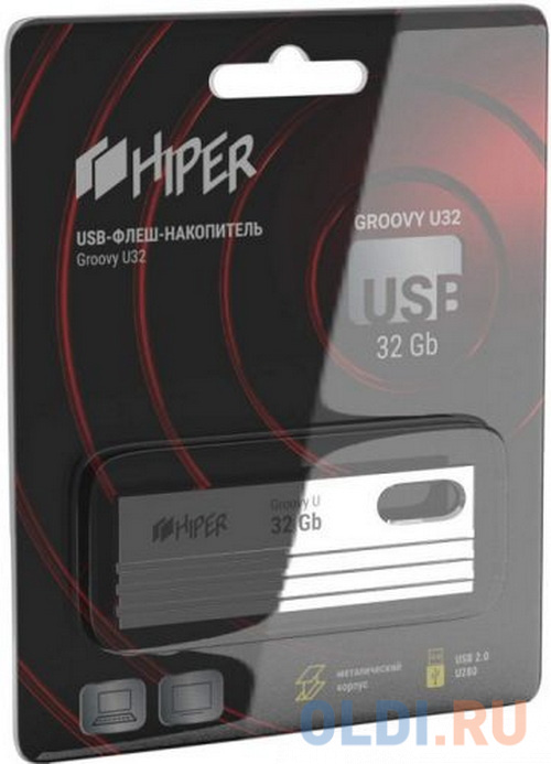 Флэш-драйв 32GB USB 2.0, Groovy U, сплав цинка, цвет титан, Hiper флэш драйв 64gb usb 2 0 groovy u сплав цинка титан hiper