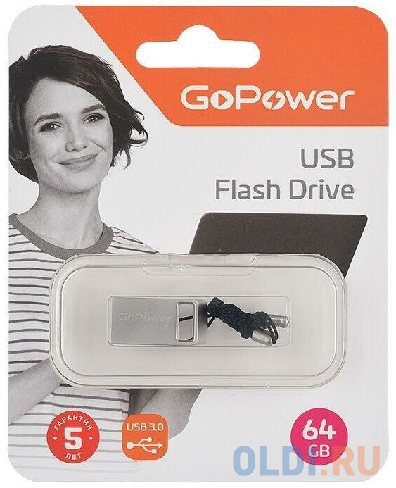 Флеш-накопитель GoPower MINI 64GB USB3.0 металл серебряный (1/50/1000)