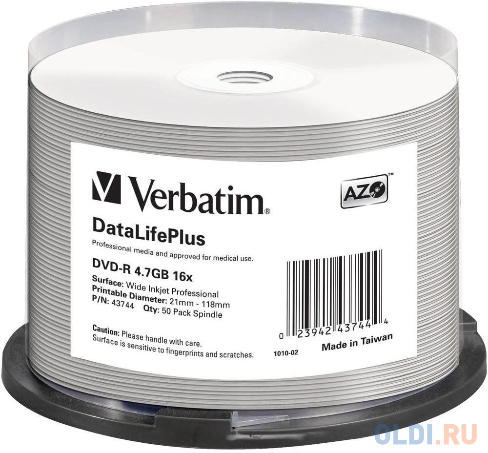 Диски DVD-R Verbatim 16x 4.7Gb Cake Box 50шт Printable 43744 - фото 1