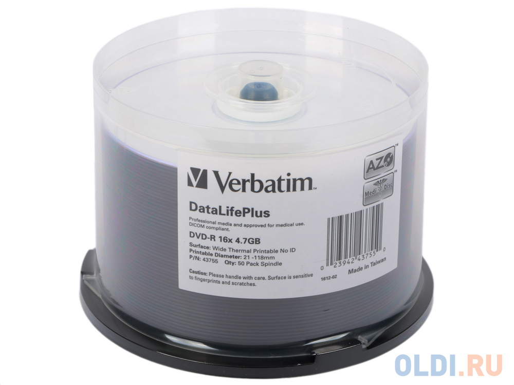 Диски DVD-R Verbatim 16x 4.7Gb Cake Box 50шт Printable 43755