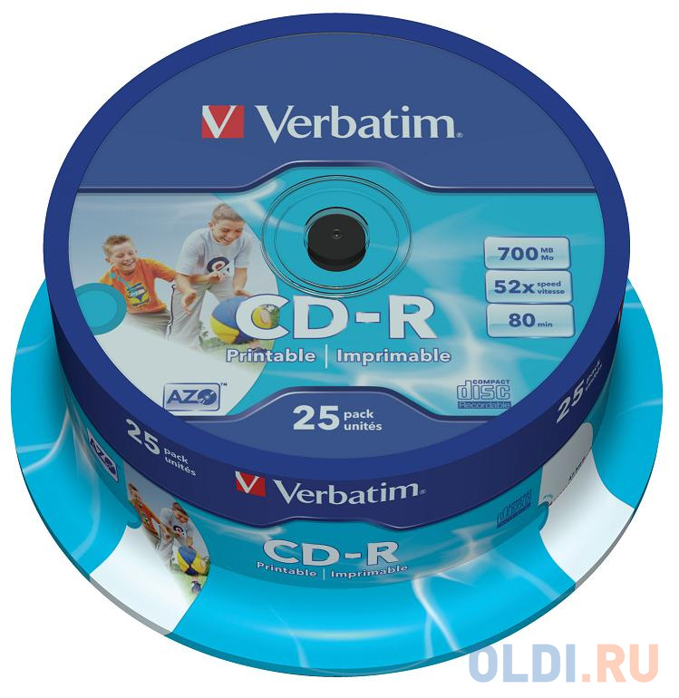 Диски CD-R 80min 700Mb Verbatim 52x 25 шт Cake Box DL, Printable <43439>