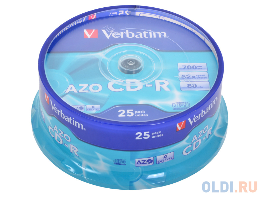 Диски CD-R 80min 700Mb Verbatim  52x  25 шт  Cake Box  Crystal AZO  <43352>