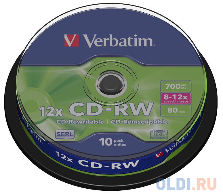Диски CD-RW 80min 700Mb Verbatim 12x  10 шт  Cake Box  43480 - фото 1