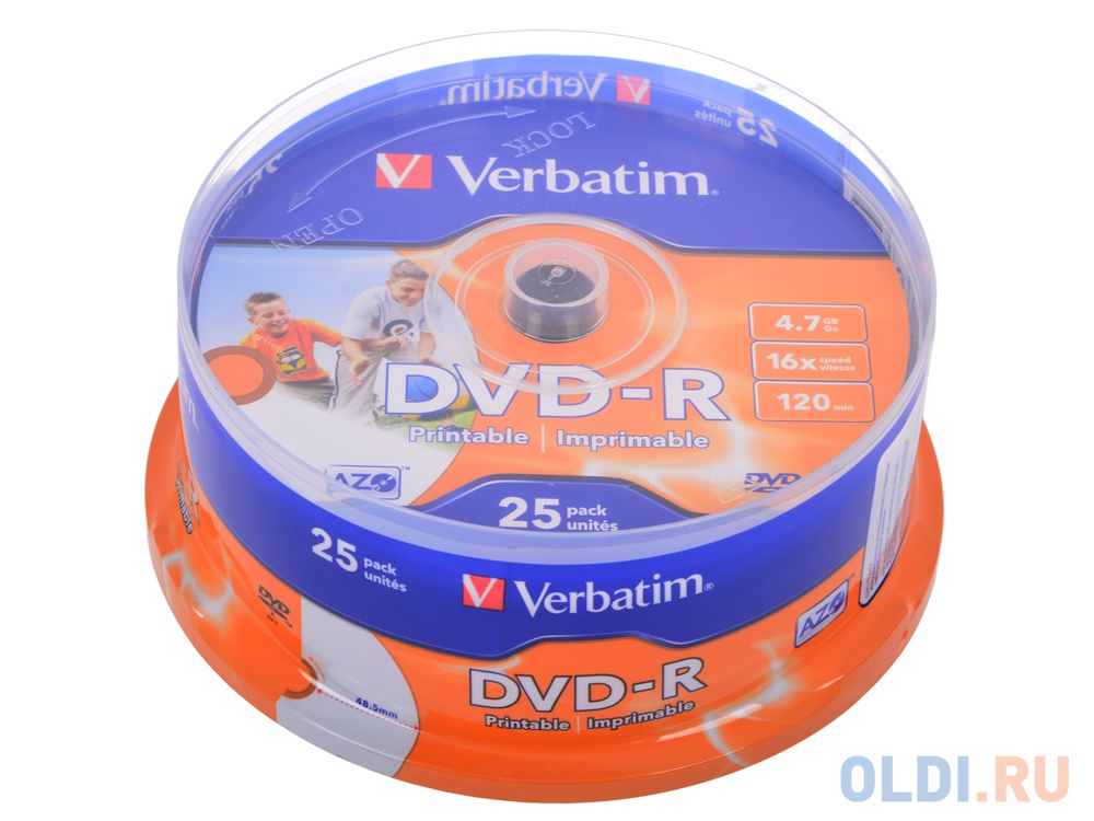Диски DVD-R 4.7Gb Verbatim 16х 25 шт Cake Box Printable <43538