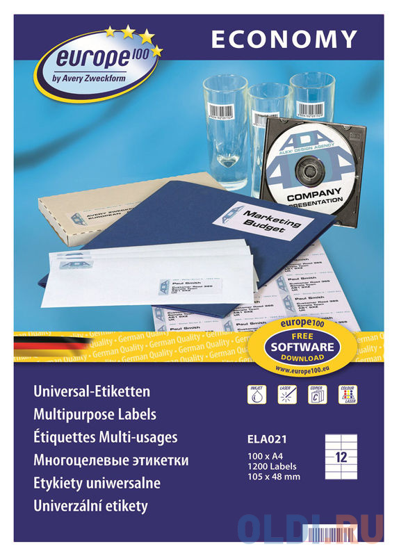 

Этикетки Europe100 ELA021-100 ELA021 A4 105x48мм 12шт на листе/70г/м2/100л./белый матовое самоклей. универсальная