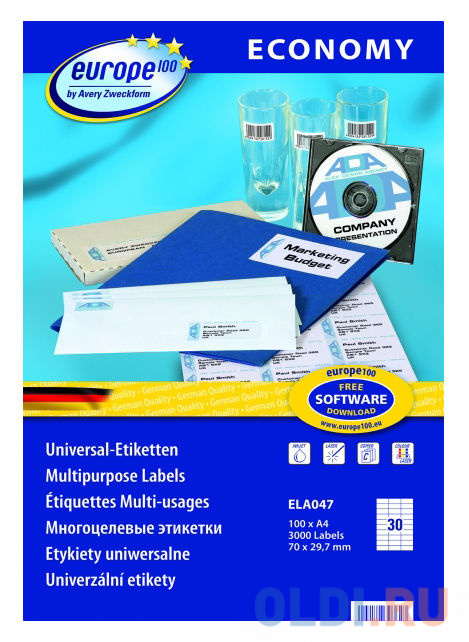 

Этикетки Europe100 ELA047-100 ELA047 A4 70x29.7мм 30шт на листе/70г/м2/100л./белый матовое самоклей. универсальная