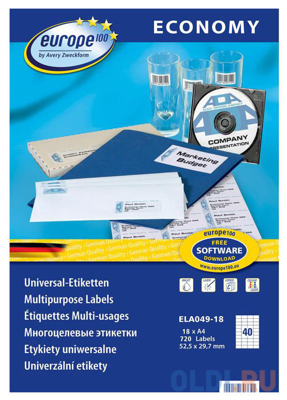 

Этикетки Europe100 ELA049-18 A4 52.5x29.7мм 40шт на листе/70г/м2/18л./белый матовое самоклей. универсальная