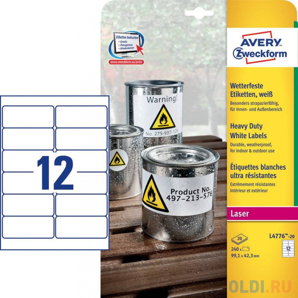 

Этикетки Avery Zweckform L4776-20 A4 99.1x42.3мм 12шт на листе/196г/м2/20л./белый самоклей. универсальная