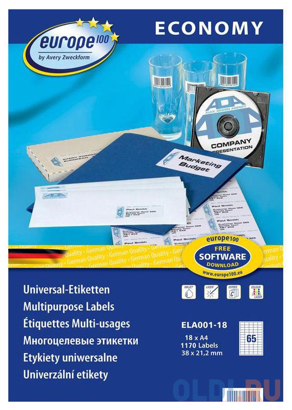Этикетки Europe100 ELA001-18 A4 38x21.2мм 65шт на листе/70г/м2/18л./белый матовое самоклей. универсальная