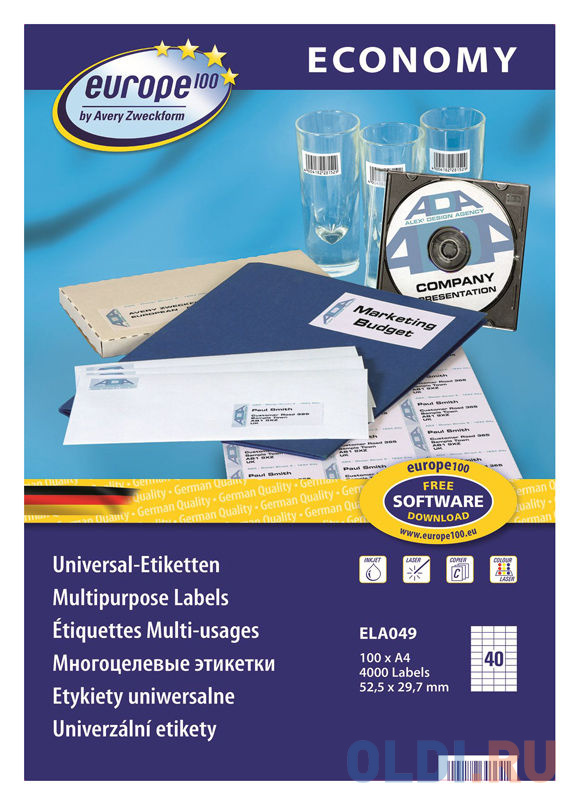 

Этикетки Europe100 ELA049-100 ELA049 A4 52.5x29.7мм 40шт на листе/70г/м2/100л./белый матовое самоклей. универсальная