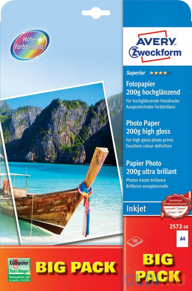 

Фотобумага Avery Zweckform 2572-50 A4/200г/м2/50л. глянцевое для струйной печати