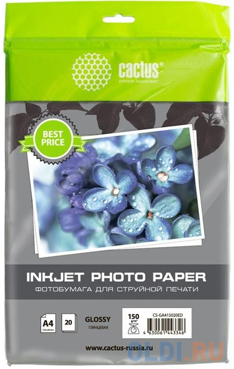 Фотобумага Cactus CS-GA415020ED A4/150г/м2/20л./белый глянцевое для струйной печати - фото 1