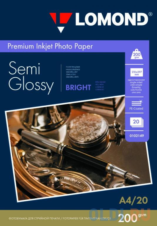 Фотобумага ПРЕМИУМ для стр.печати LOMOND А4,200 г/м2 односторонняя Bright Semi- Glossy(20л), цвет белый