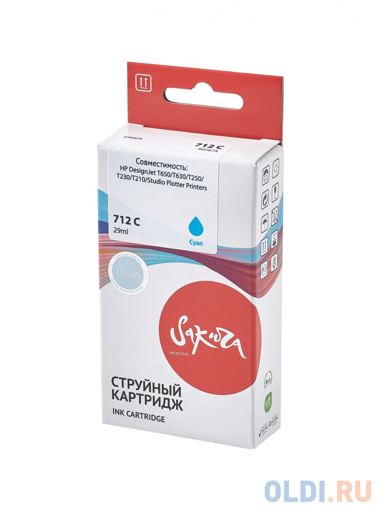 Струйный картридж Sakura 3ED67A (№712 Cyan) для HP DesignJet T210/T230/T250/T630/T650/DesignJet Studio, голубой, водорастворимый тип чернил, 29 мл.