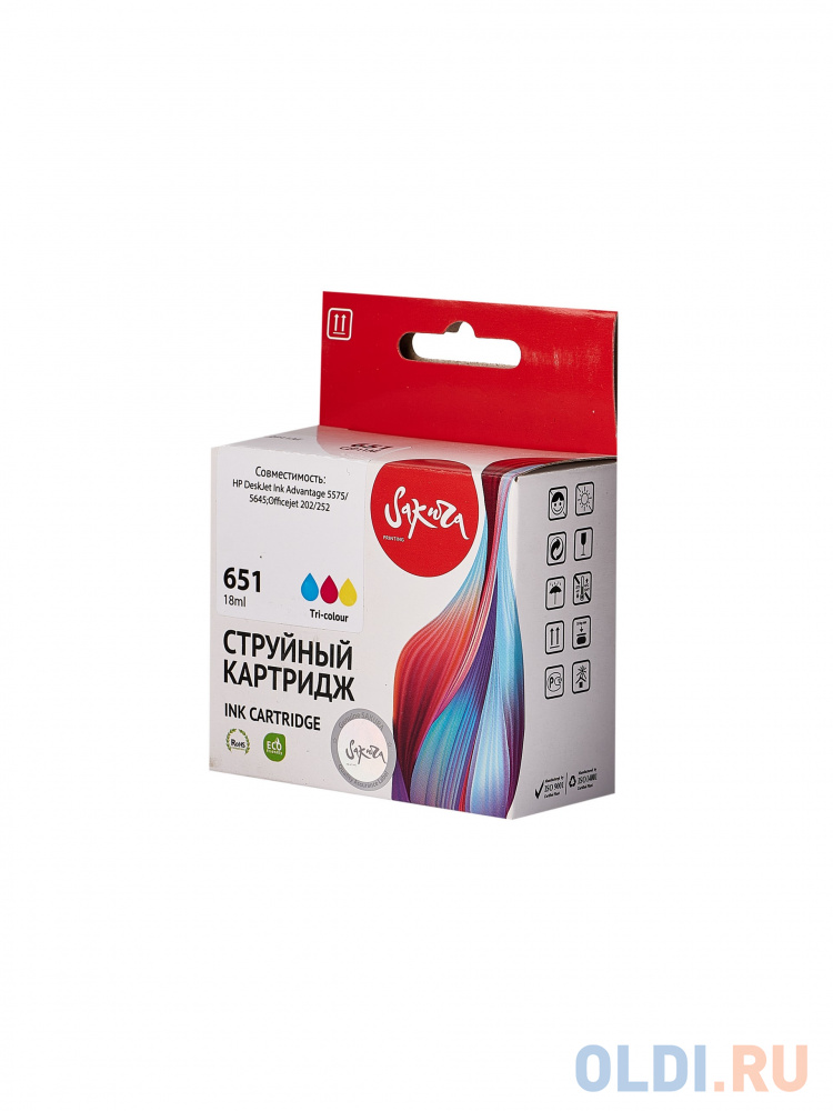 

Струйный картридж Sakura C2P11AE (№651 Tri-colour) для HP DeskJet Ink Advantage 5575/5645, OfficeJet 252/202, водорастворимый тип чернил, триколор, 18