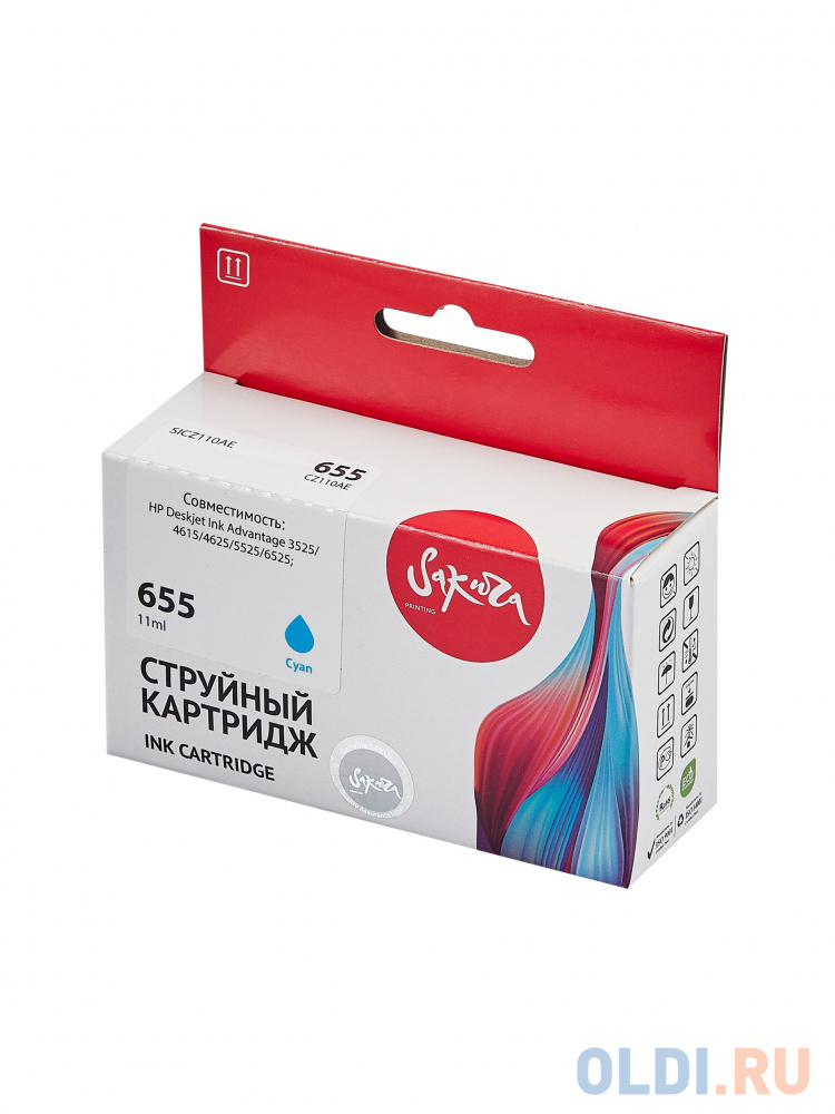 

Струйный картридж Sakura CZ110AE (№655 Cyan) для HP Deskjet Ink Advantage 3525/4615/4625/5525/6525;, водорастворимый тип чернил, голубой, 11 мл., 600