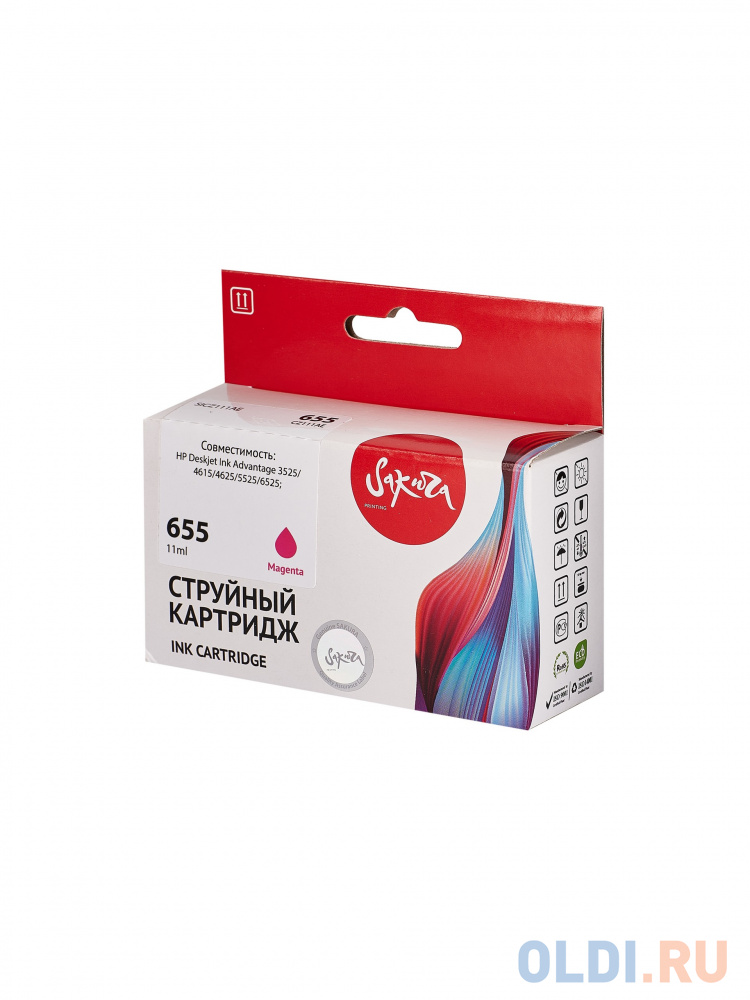 Струйный картридж Sakura CZ111AE (№655 Magenta) для HP Deskjet Ink Advantage 3525/4615/4625/5525/6525;, водорастворимый тип чернил, пурпурный, 11 мл.,