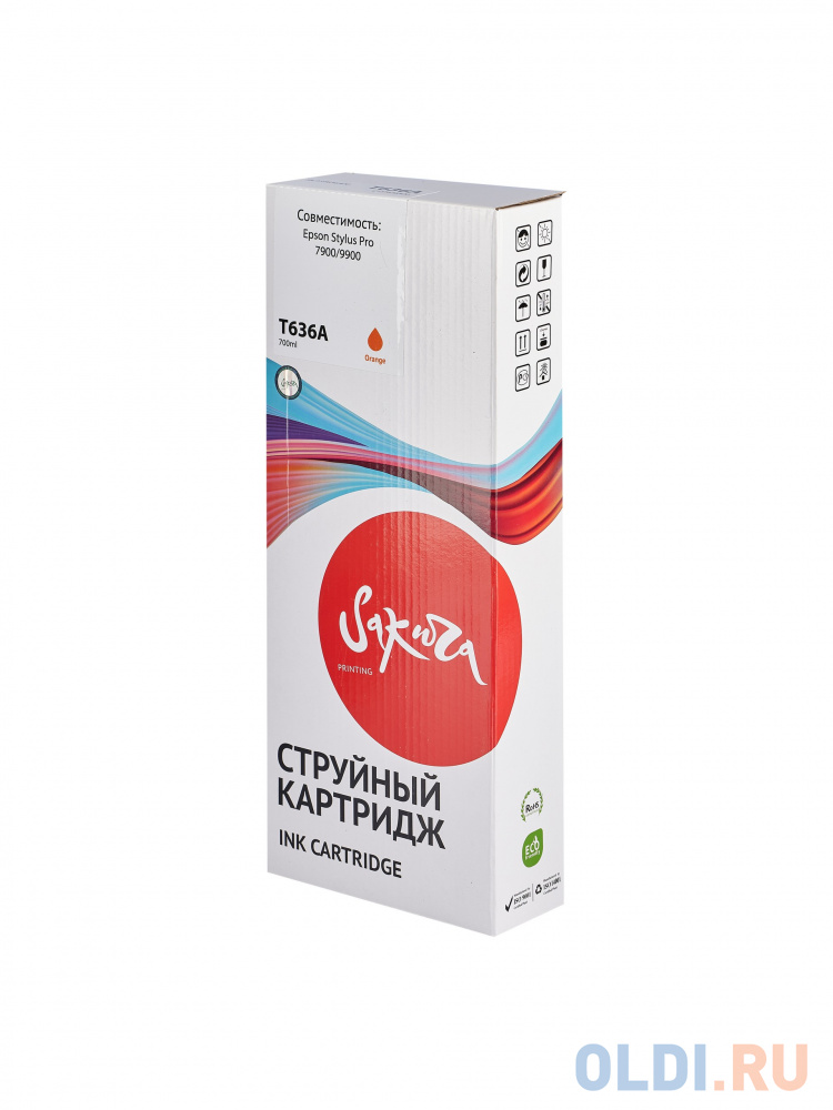 Струйный картридж Sakura C13T636A00 (T636A Orange) для Epson Stylus Pro 7900/9900, пигментный тип чернил, оранжевый, 700 мл.